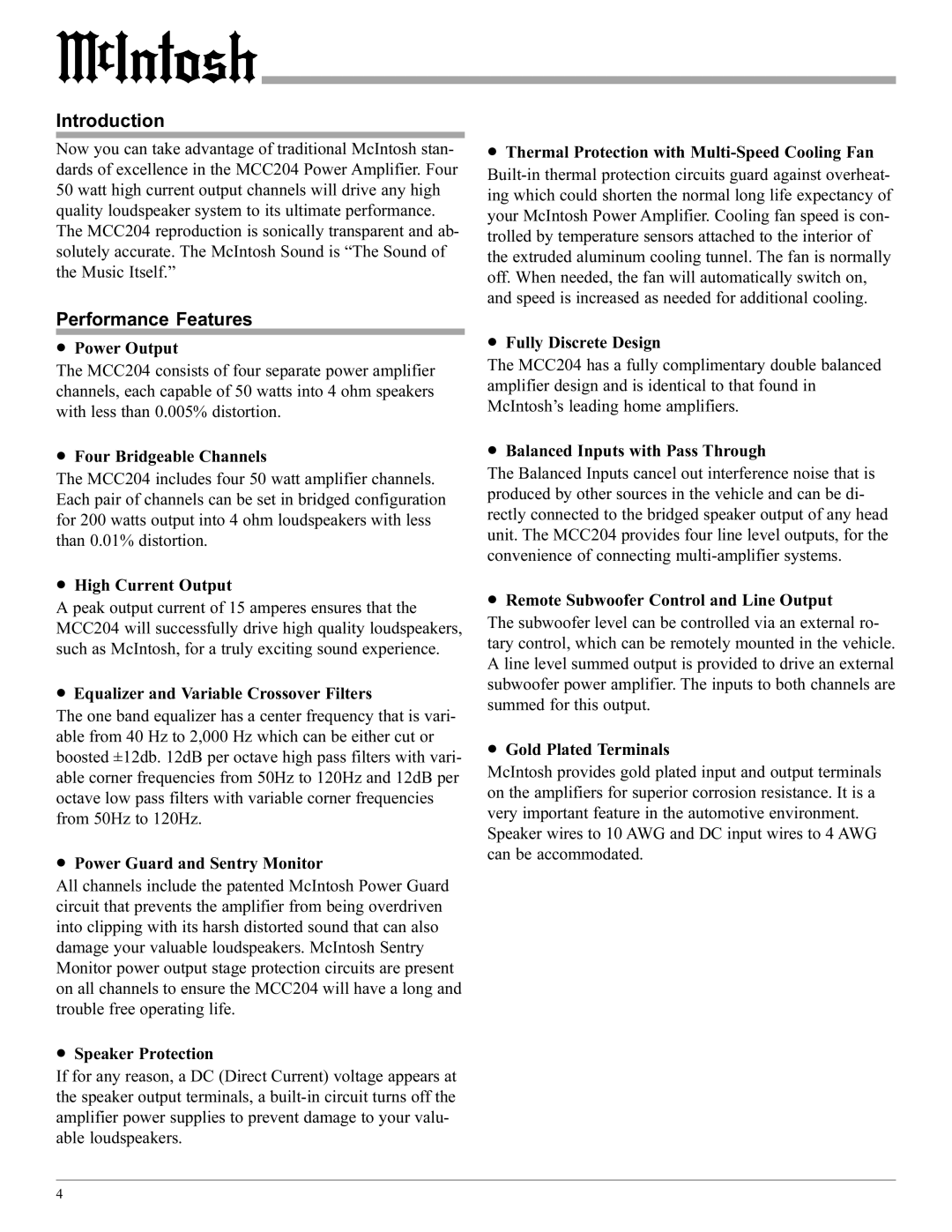 McIntosh MCC204 manual Introduction, Performance Features 