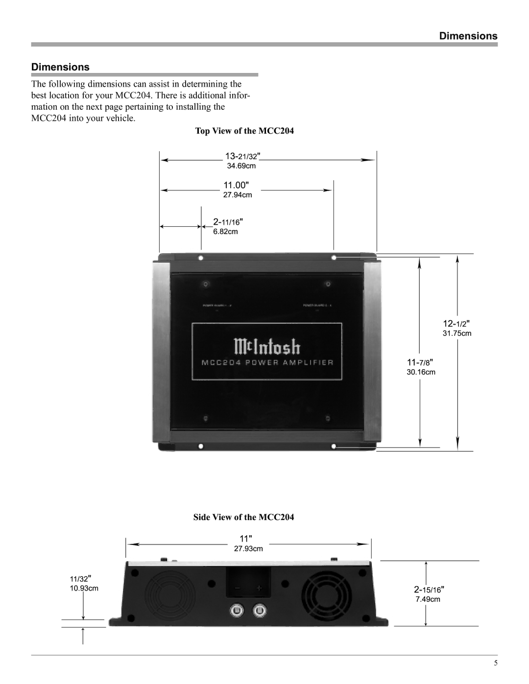 McIntosh manual TopViewoftheMCC204, Dimensions 