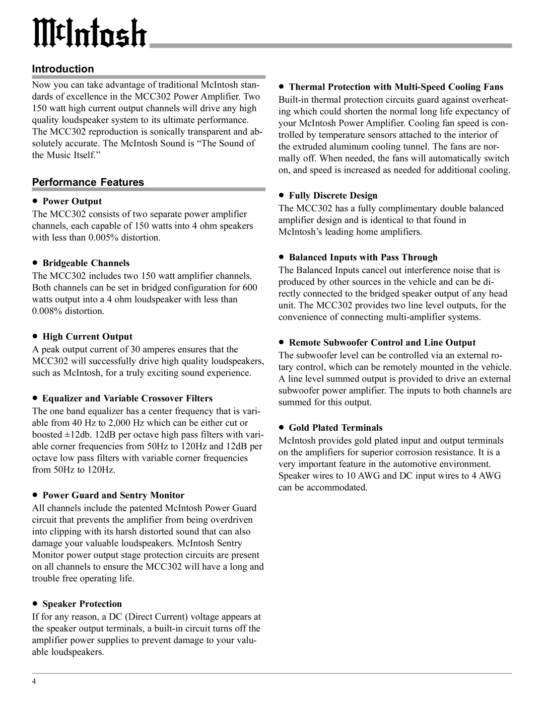 McIntosh MCC302 manual Introduction, Performance Features 