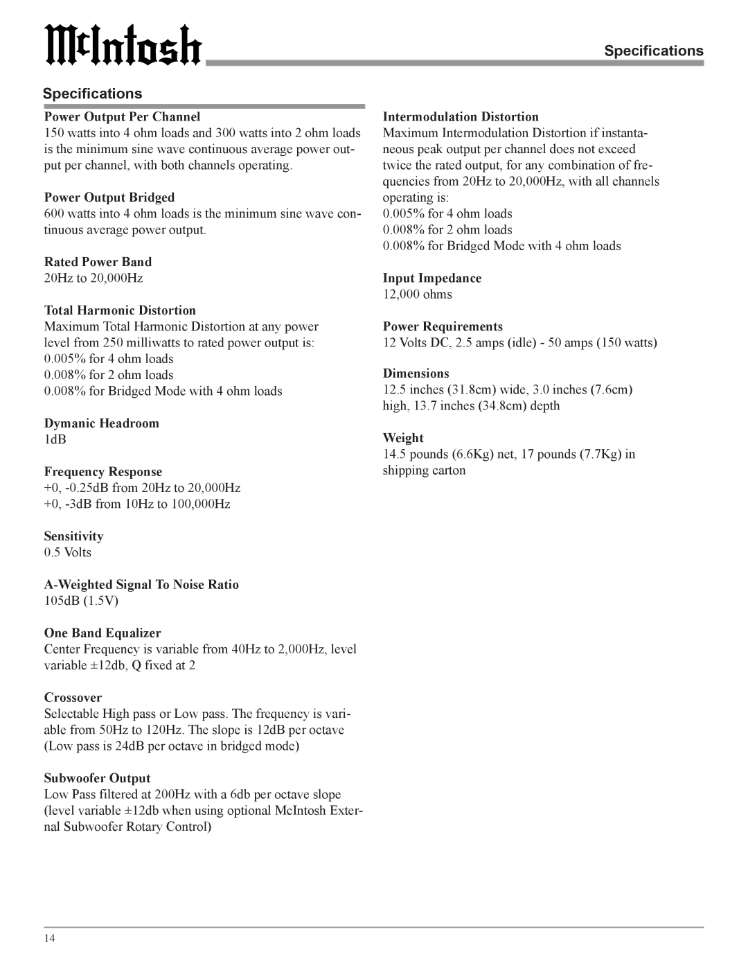 McIntosh MCC302M owner manual Specifications 