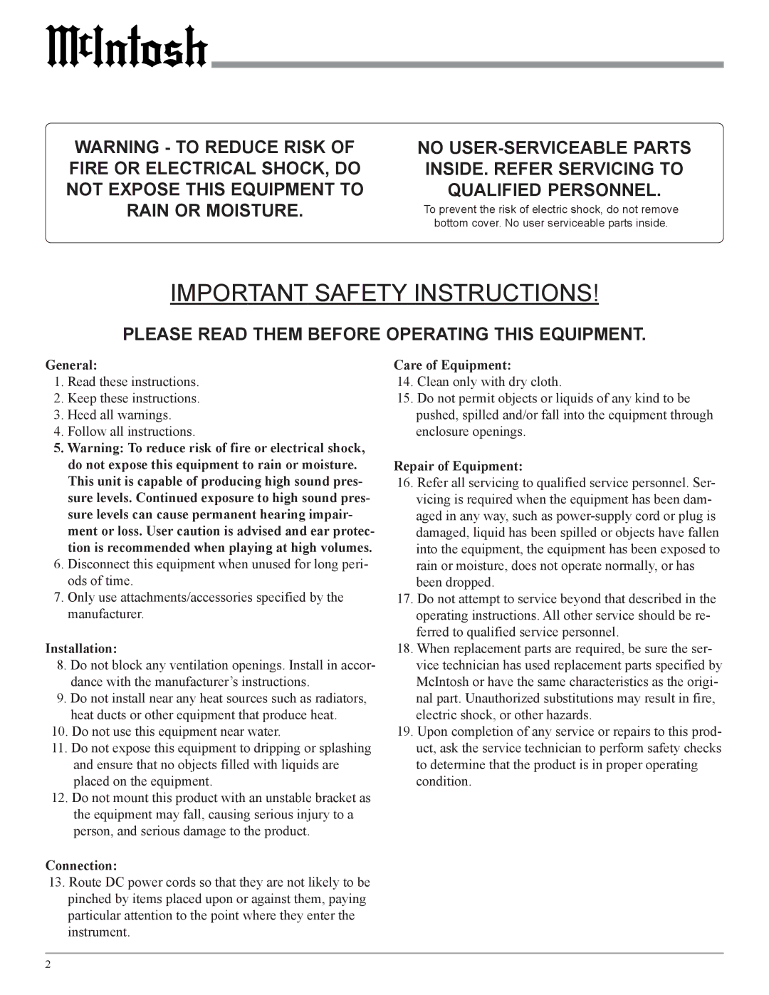 McIntosh MCC302M owner manual General, Installation, Connection, Care of Equipment, Repair of Equipment 