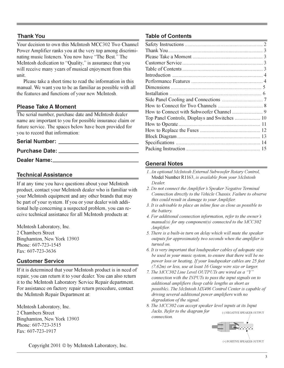 McIntosh MCC302M owner manual Thank You, Please Take a Moment, Customer Service 