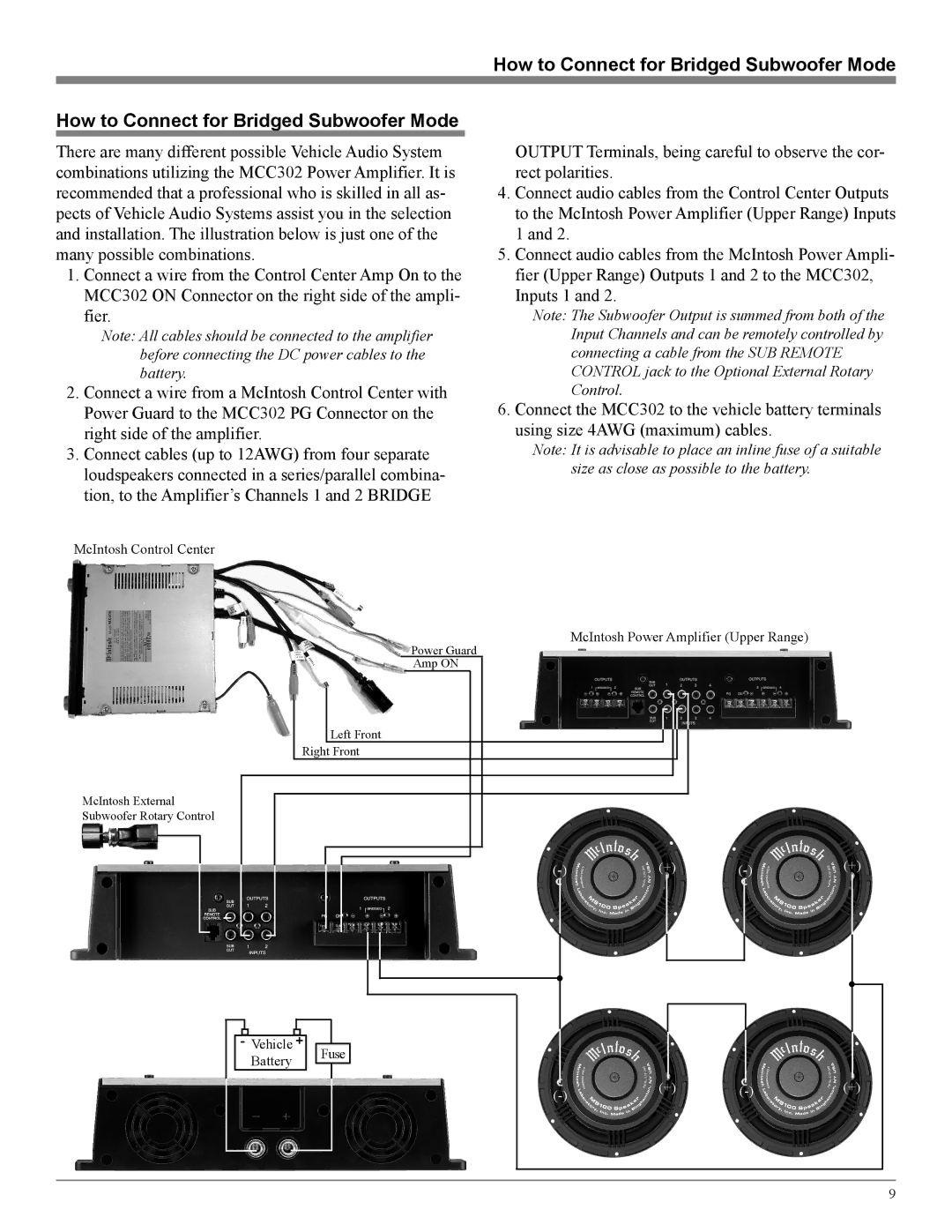 McIntosh MCC302M owner manual How to Connect for Bridged Subwoofer Mode 