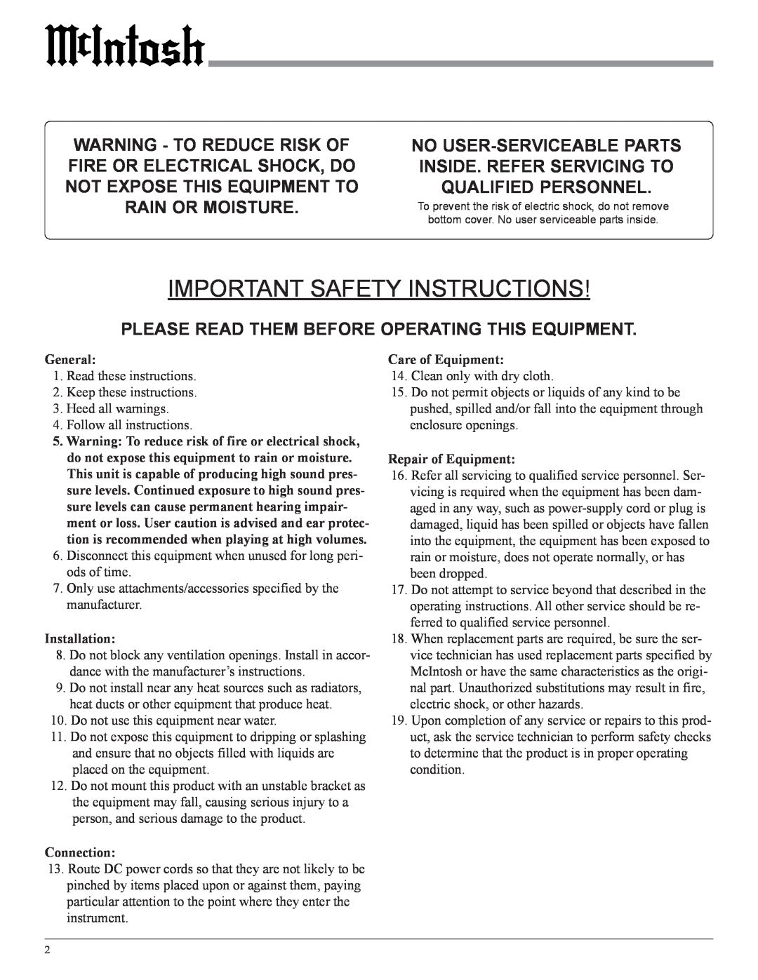 McIntosh MCC302M Important Safety Instructions, Please Read Them Before Operating This Equipment, No User-Serviceableparts 