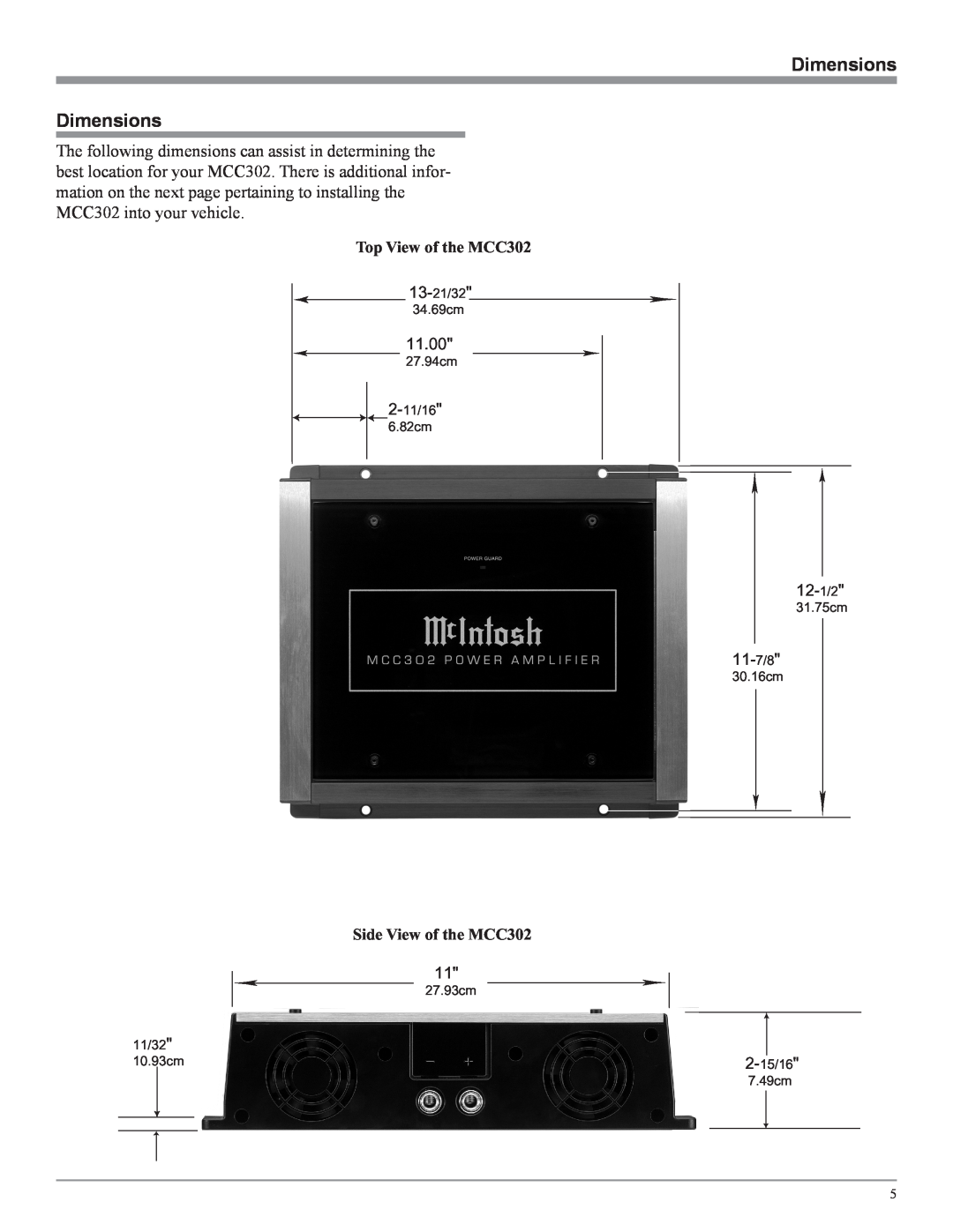 McIntosh MCC302M Dimensions Dimensions, Top View of the MCC302, 11.00, 12-1/2, 11-7/8, Side View of the MCC302, 31.75cm 