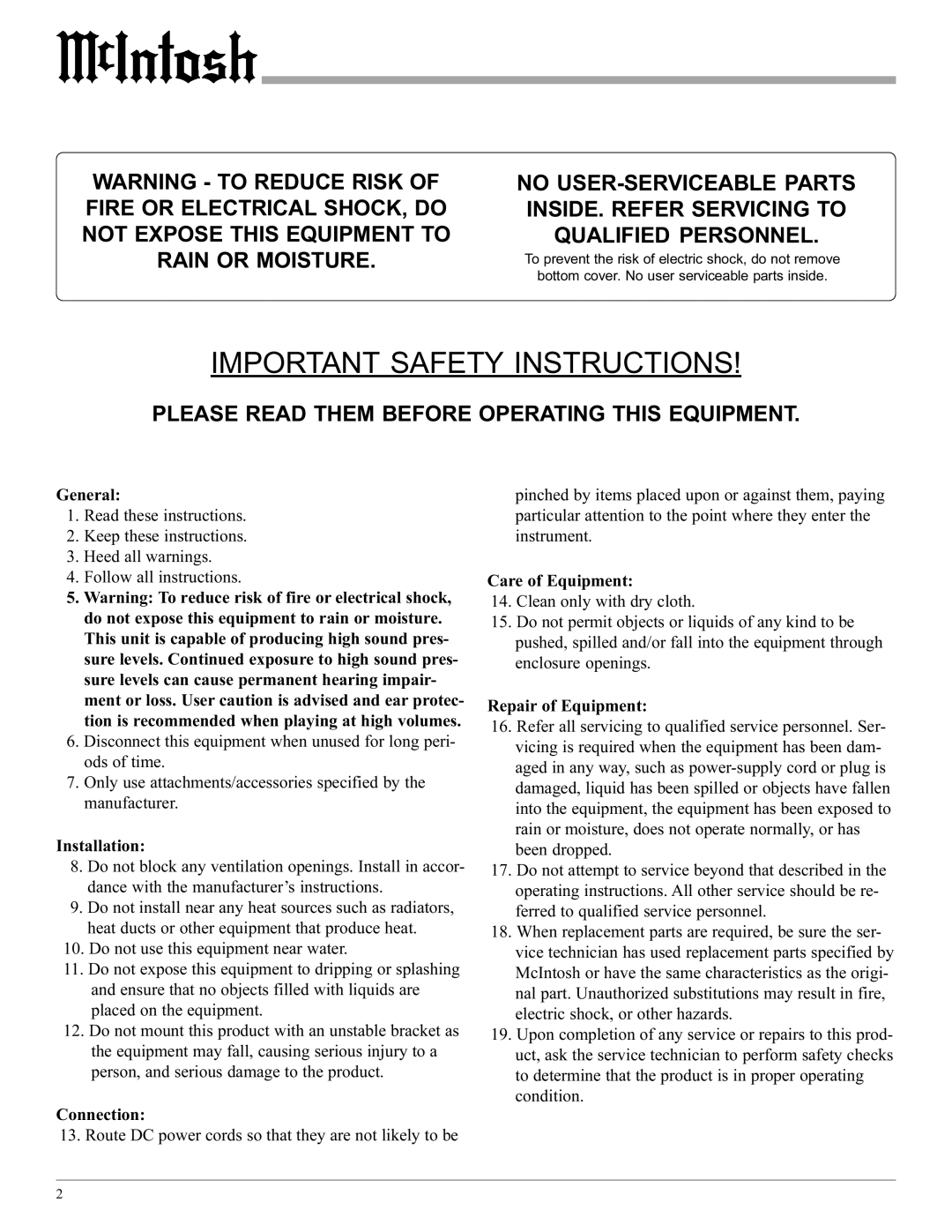 McIntosh MCC404/MCC404M manual General, Installation, Connection, Care of Equipment, Repair of Equipment 