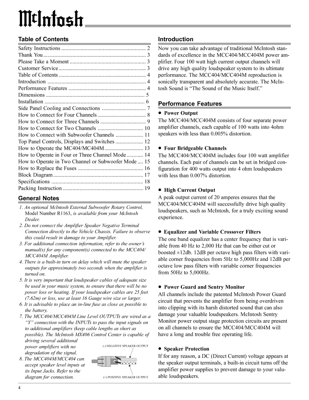 McIntosh MCC404/MCC404M manual Table of Contents, General Notes, Introduction, Performance Features 