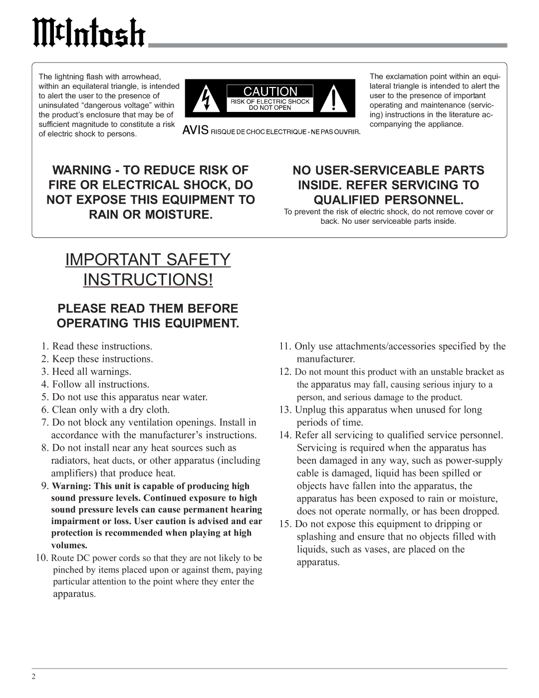 McIntosh MCC406M owner manual Important Safety Instructions 