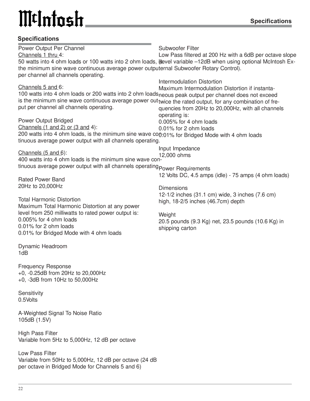 McIntosh MCC406M owner manual Specifications 