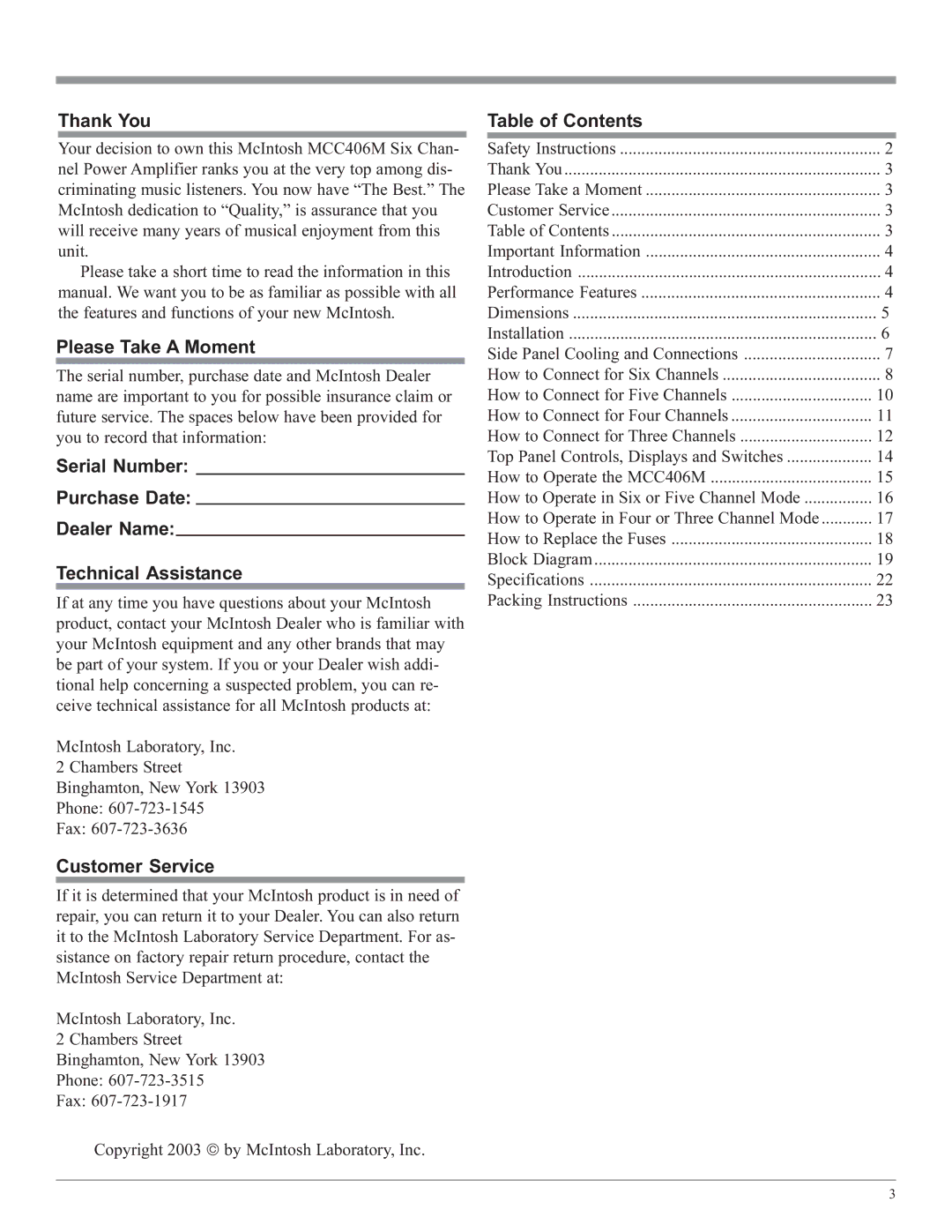 McIntosh MCC406M owner manual Thank You, Please Take a Moment, Customer Service, Table of Contents 