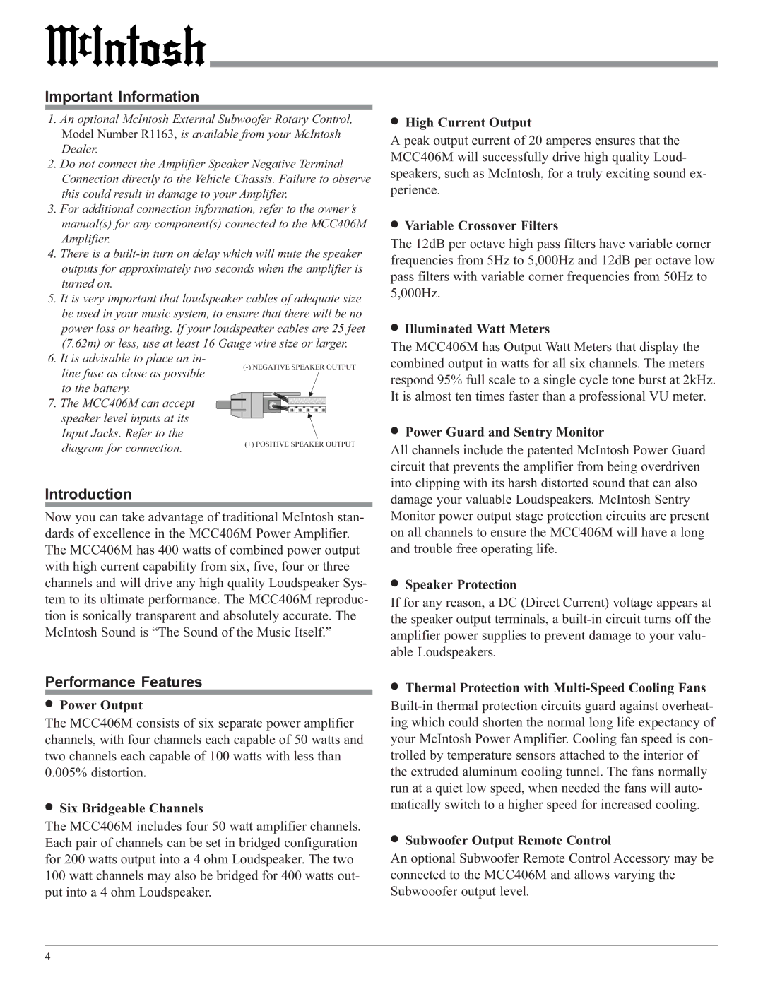 McIntosh MCC406M owner manual Important Information, Introduction, Performance Features 