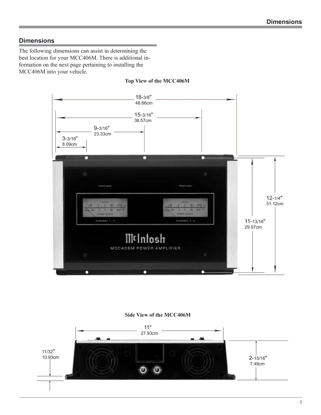 McIntosh MCC406M owner manual Dimensions 