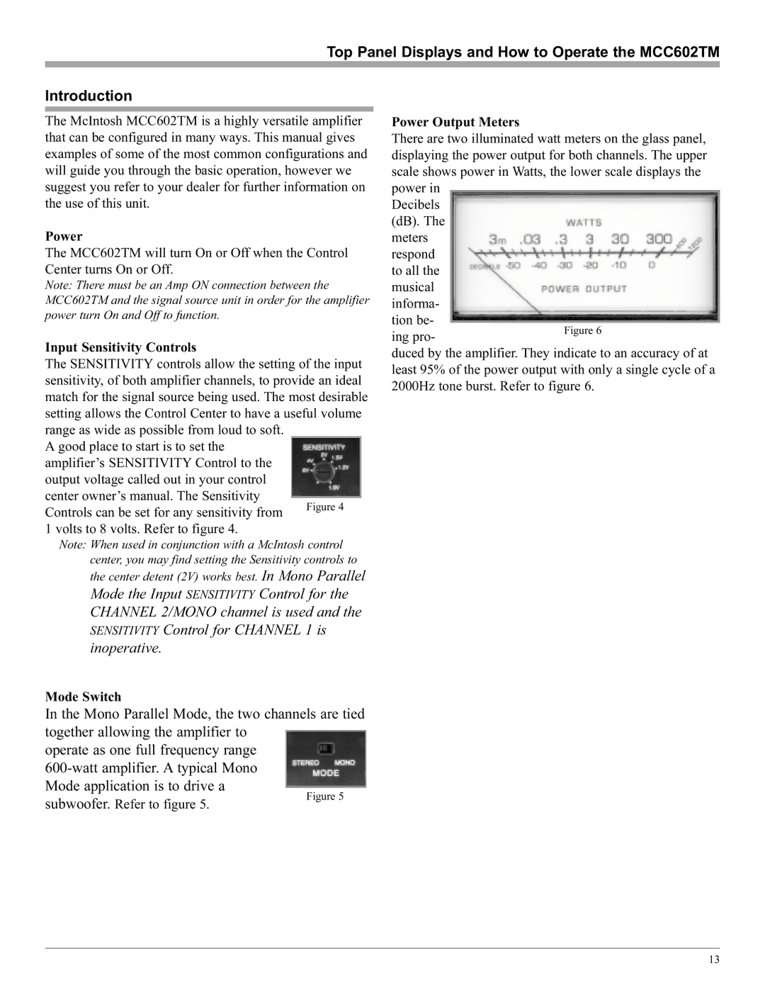 McIntosh MCC602TM manual Input Sensitivity Controls, Mode Switch, Power Output Meters 