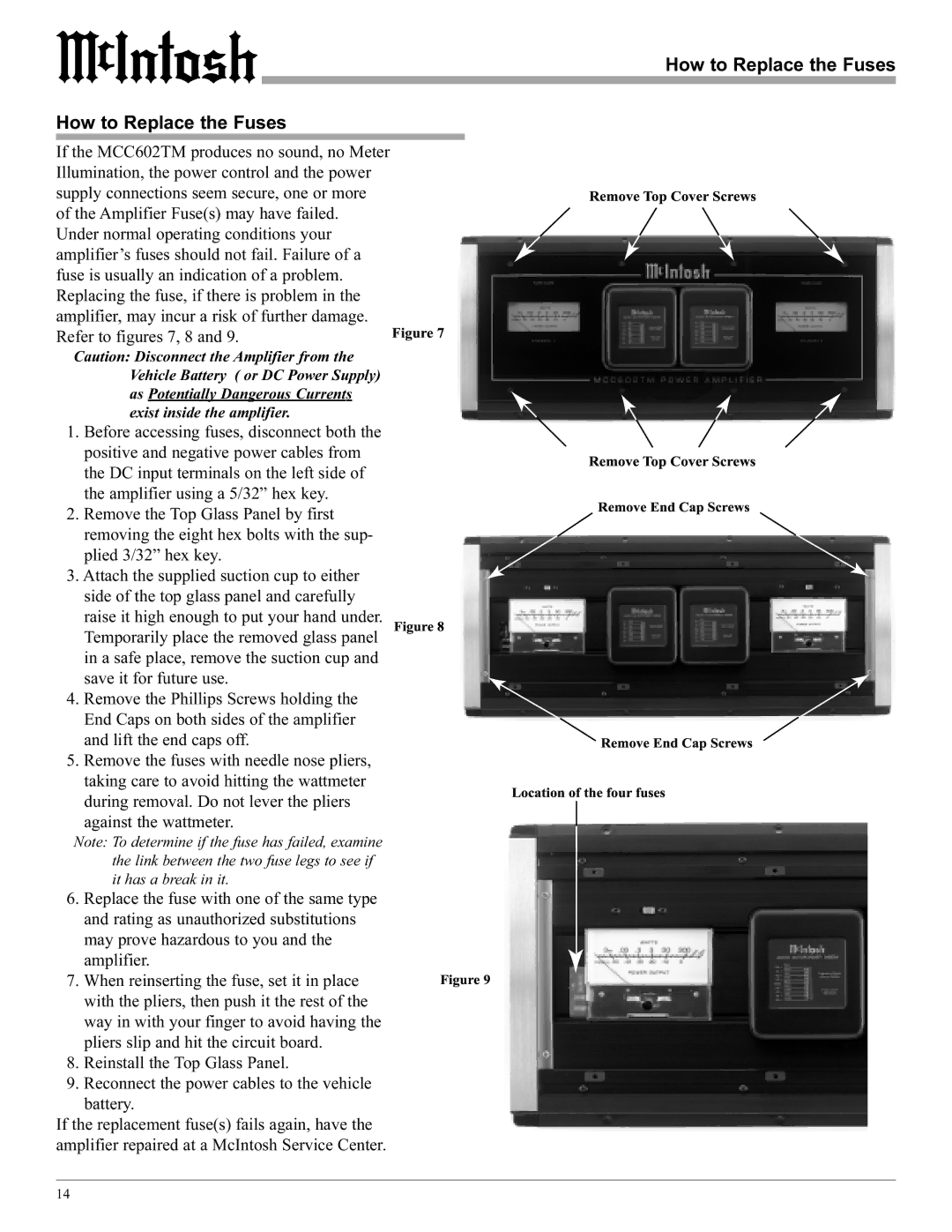 McIntosh MCC602TM manual How to Replace the Fuses, Illumination, the power control and the power, Refer to figures 7, 8 