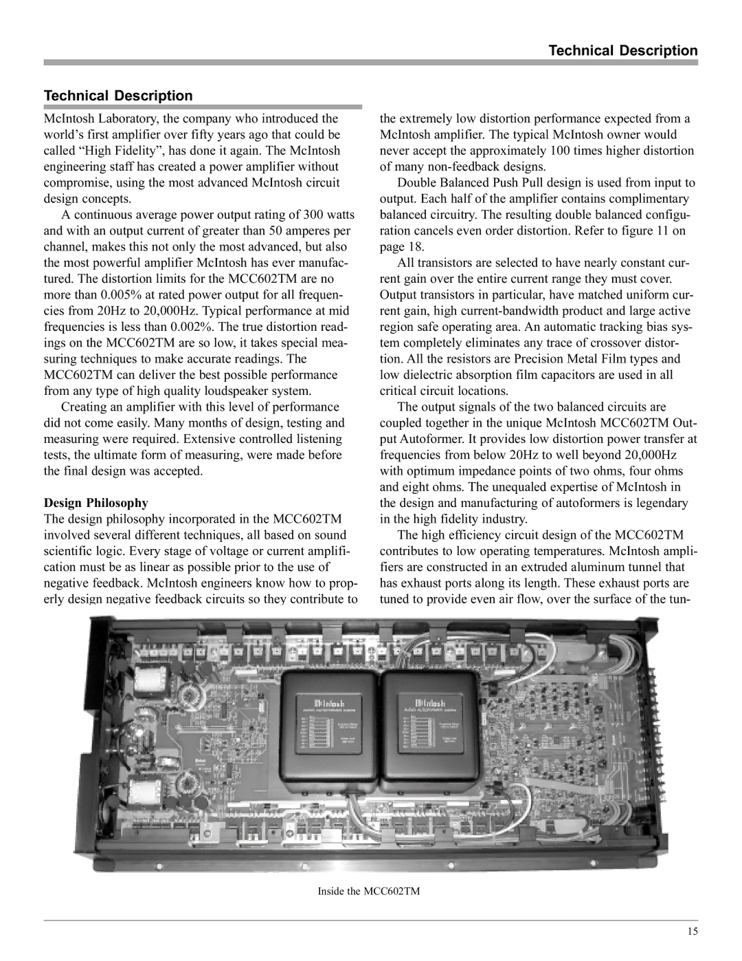 McIntosh MCC602TM manual Technical Description, Design Philosophy 