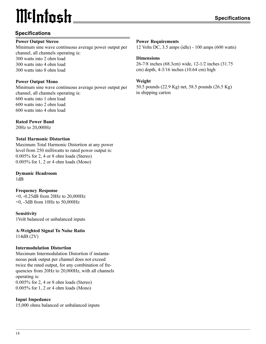 McIntosh MCC602TM manual Specifications 