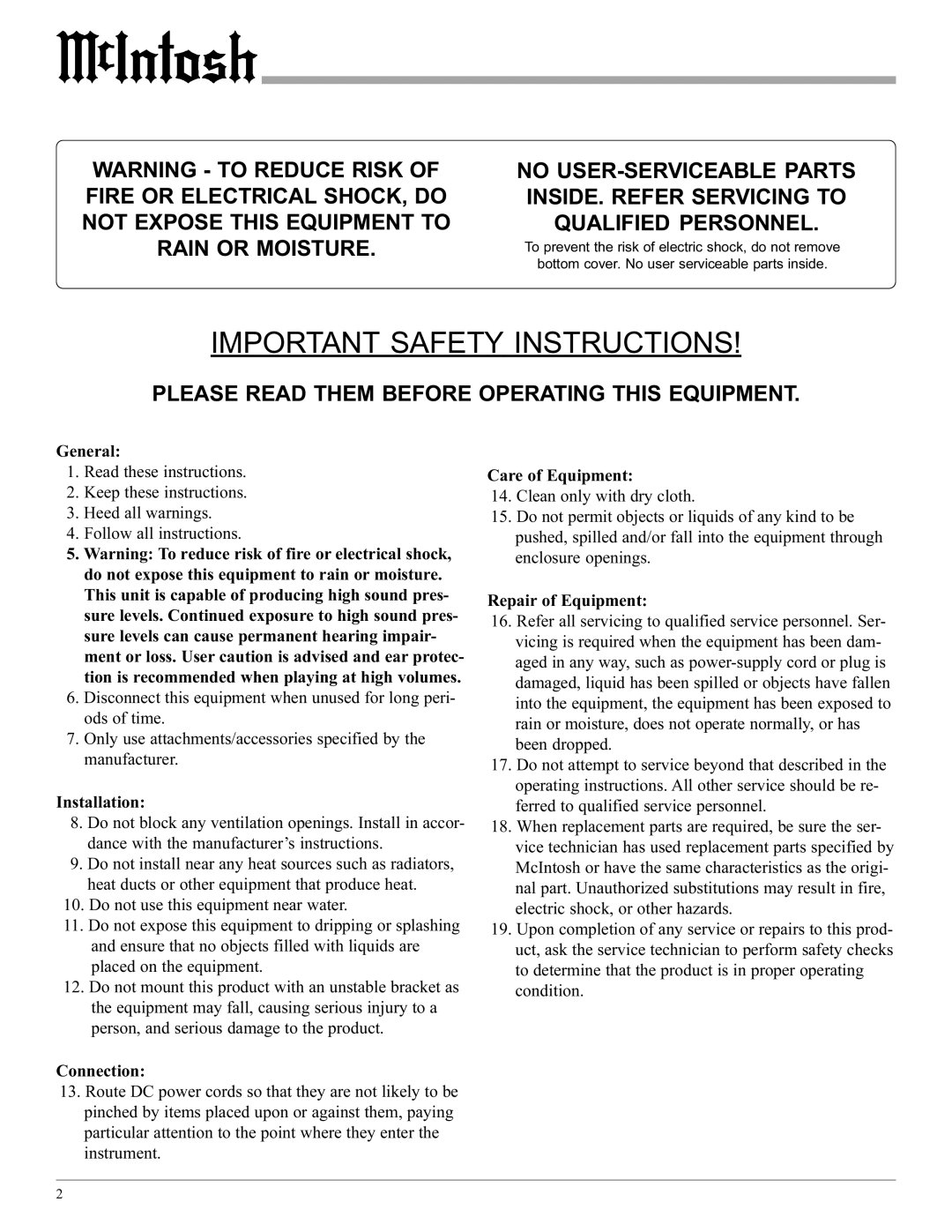 McIntosh MCC602TM manual General, Installation, Connection, Care of Equipment, Repair of Equipment 