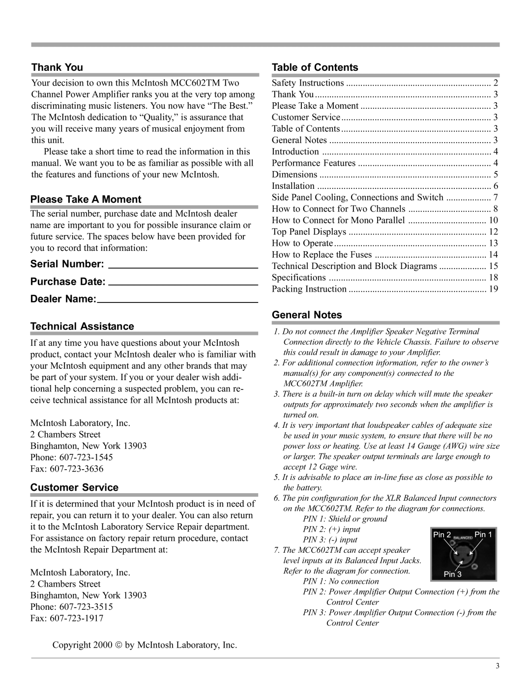 McIntosh MCC602TM manual Thank You, Please Take a Moment, Customer Service, Table of Contents, General Notes 