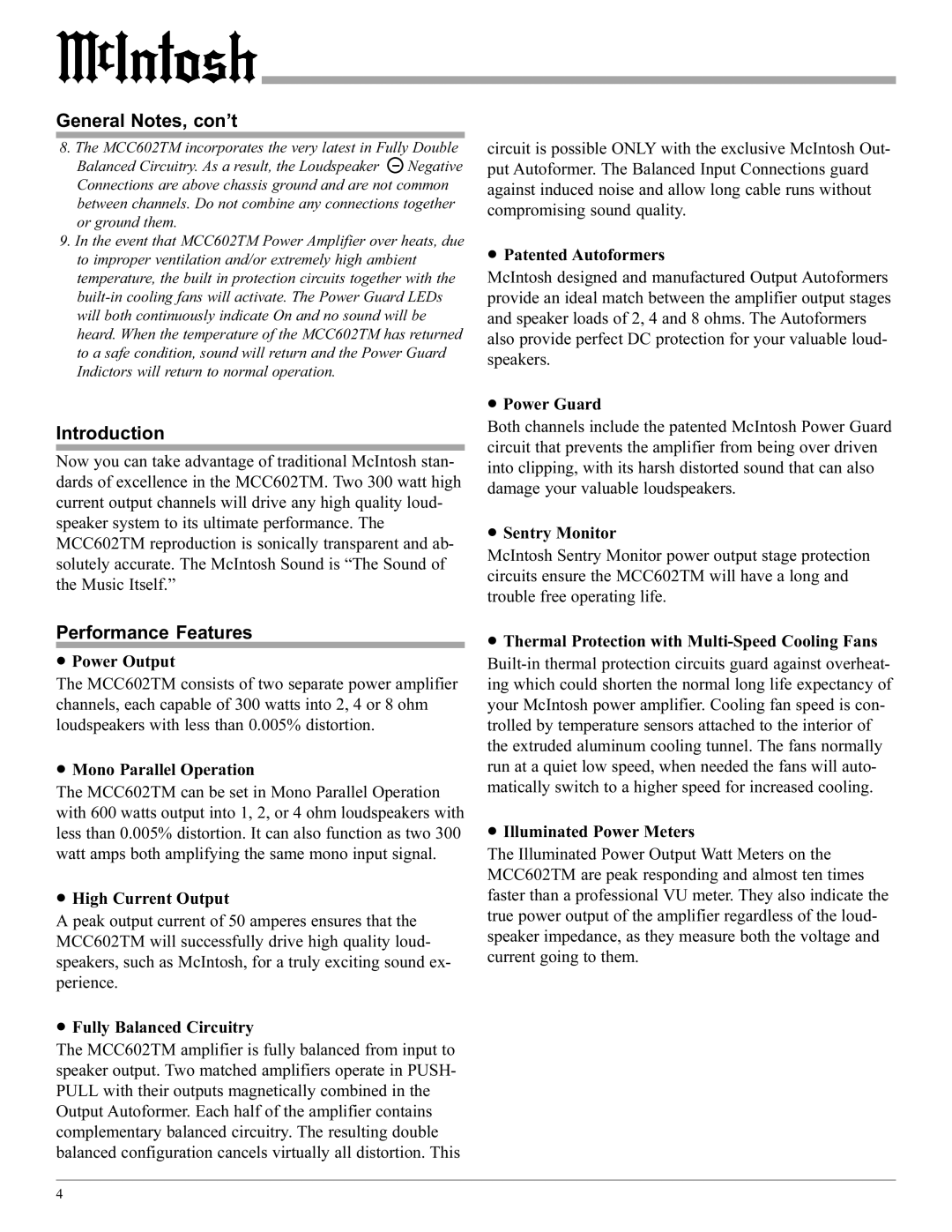 McIntosh MCC602TM manual General Notes, con’t, Introduction, Performance Features 