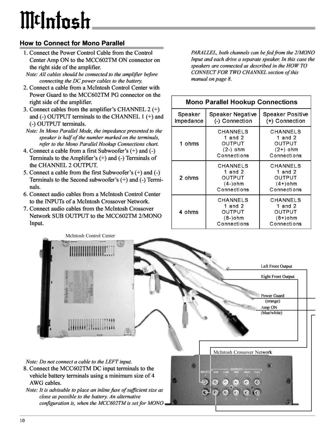 McIntosh MCC602TM manual How to Connect for Mono Parallel 