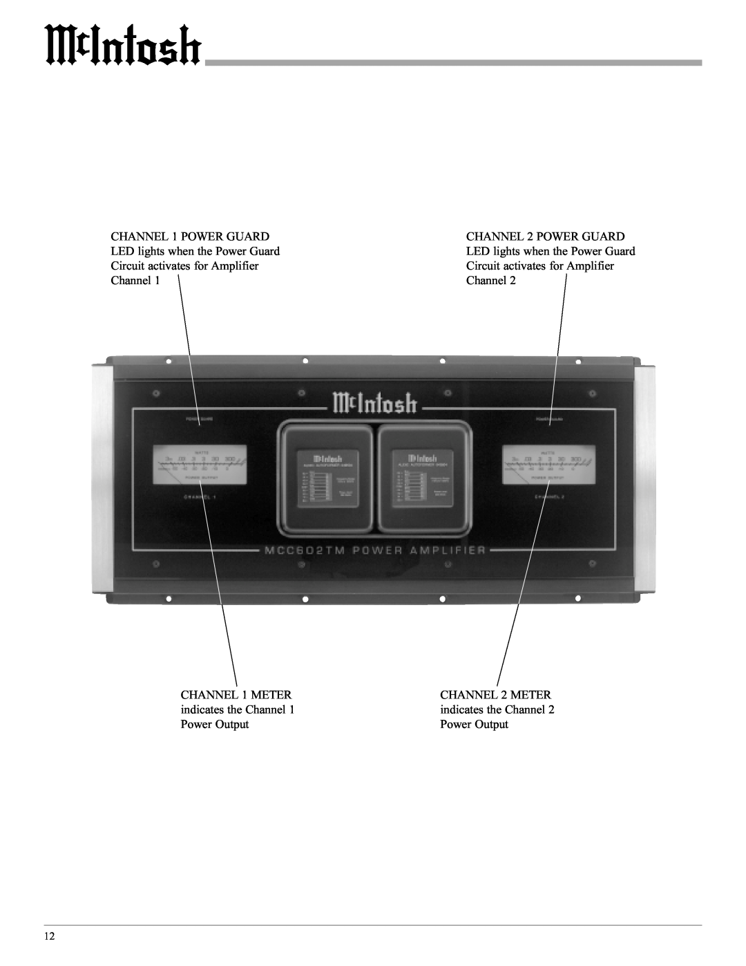 McIntosh MCC602TM manual CHANNEL 1 POWER GUARD LED lights when the Power Guard Circuit activates for Amplifier Channel 