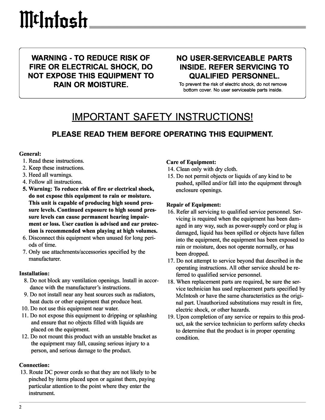 McIntosh MCC602TM Important Safety Instructions, Please Read Them Before Operating This Equipment, Qualified Personnel 