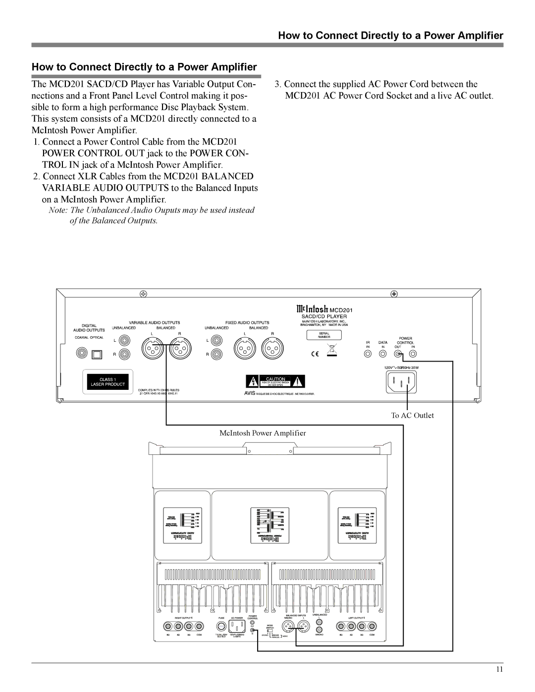 McIntosh MCD201 owner manual How to Connect Directly to a Power Amplifier 