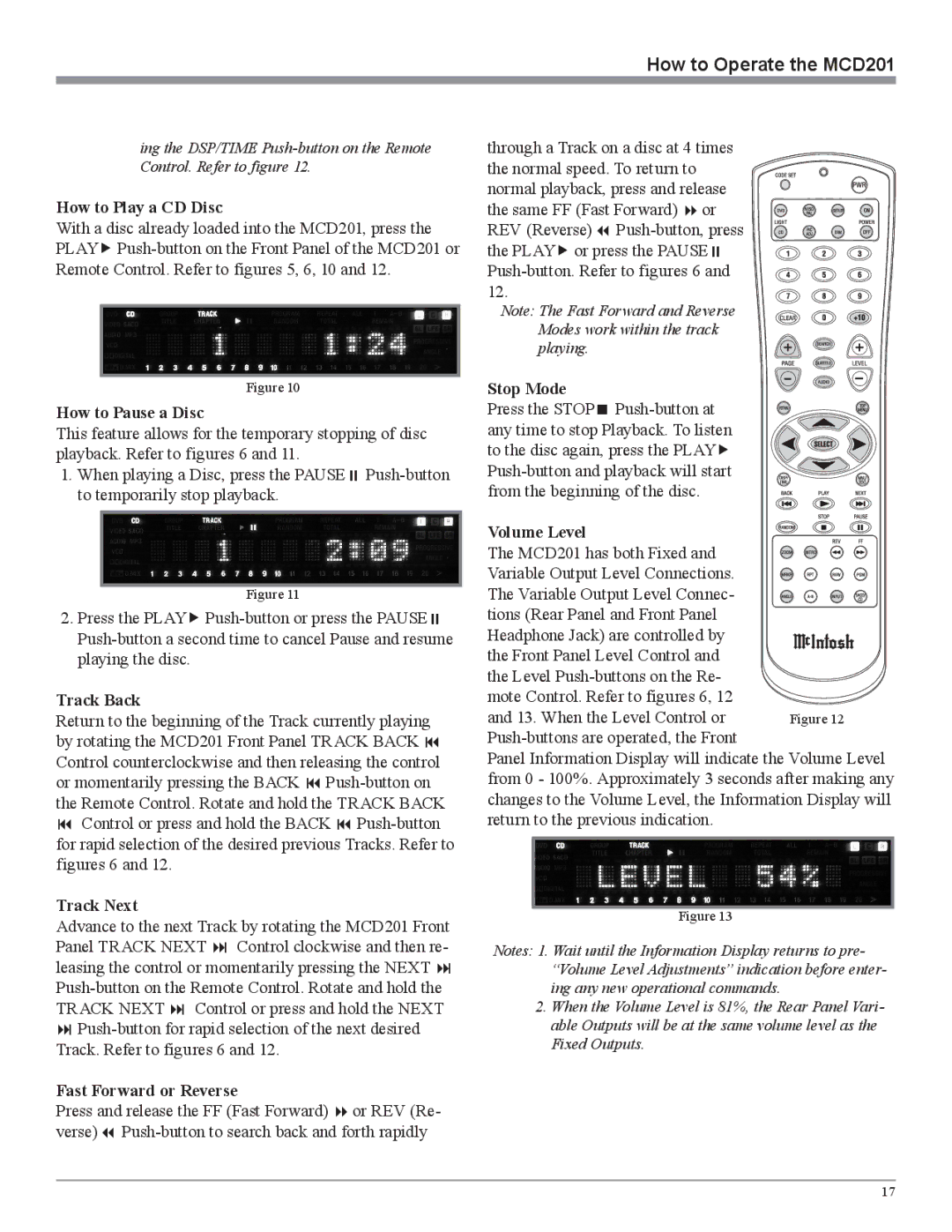 McIntosh MCD201 How to Play a CD Disc, How to Pause a Disc, Track Back, Track Next, Fast Forward or Reverse, Stop Mode 