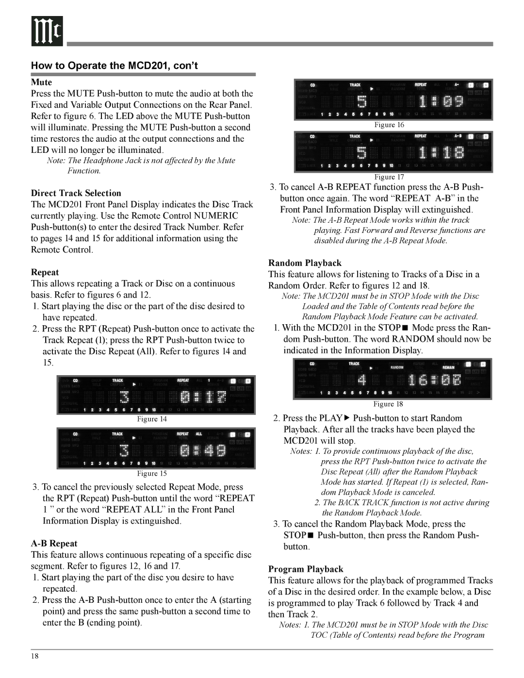 McIntosh owner manual How to Operate the MCD201, con’t, Mute, Direct Track Selection, Random Playback, Program Playback 