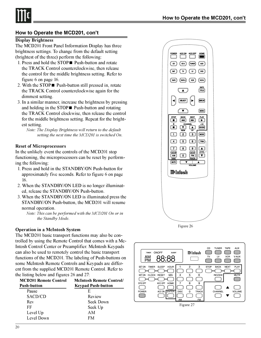 McIntosh MCD201 owner manual Display Brightness, Reset of Microprocessors, Operation in a McIntosh System 