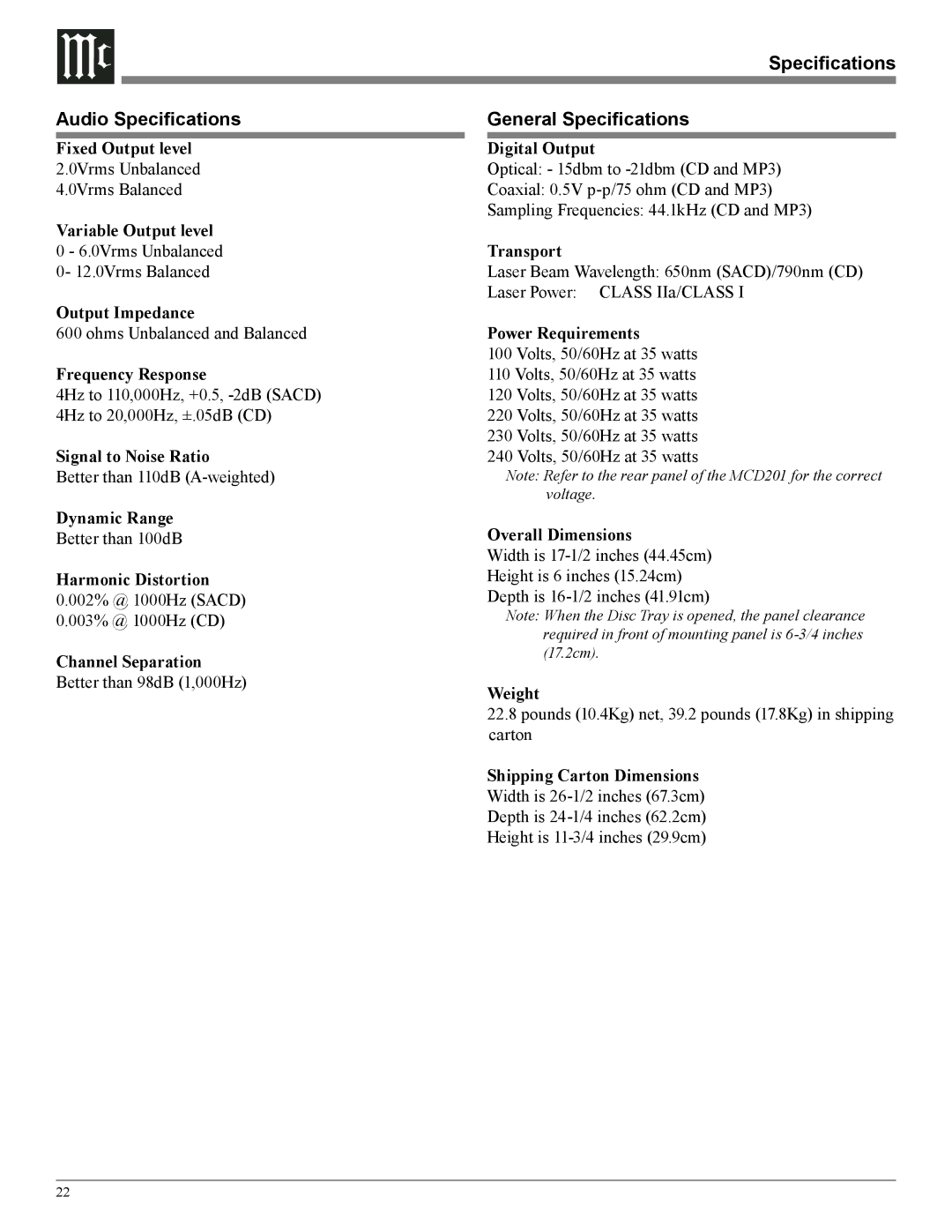 McIntosh MCD201 owner manual Audio Specifications General Specifications 