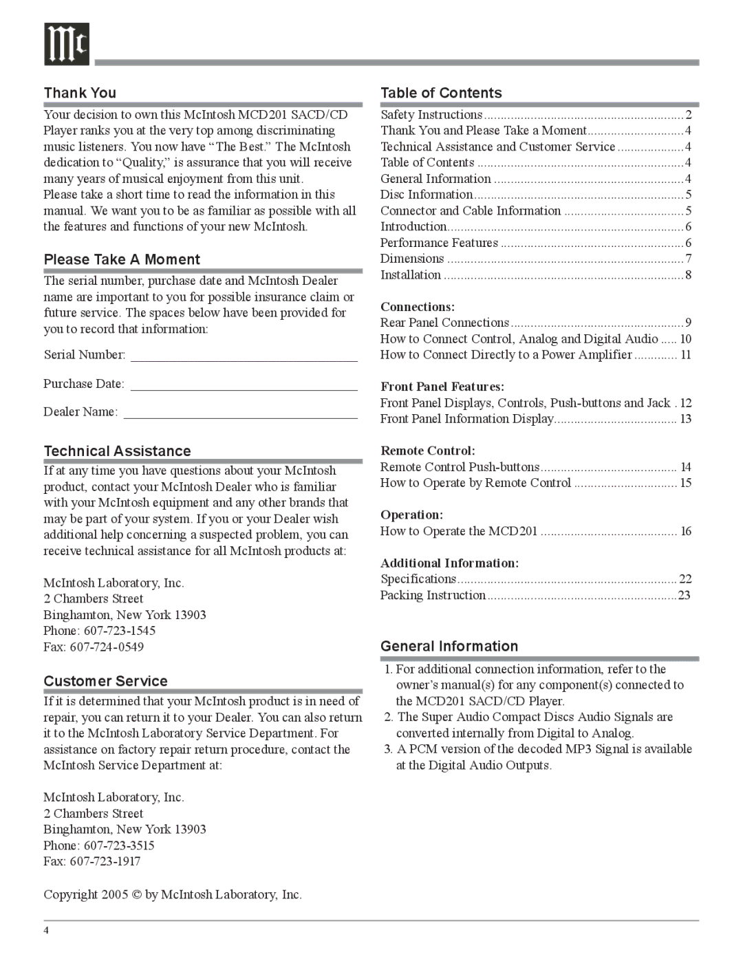 McIntosh MCD201 owner manual Thank You, Please Take a Moment, Technical Assistance, Customer Service, Table of Contents 