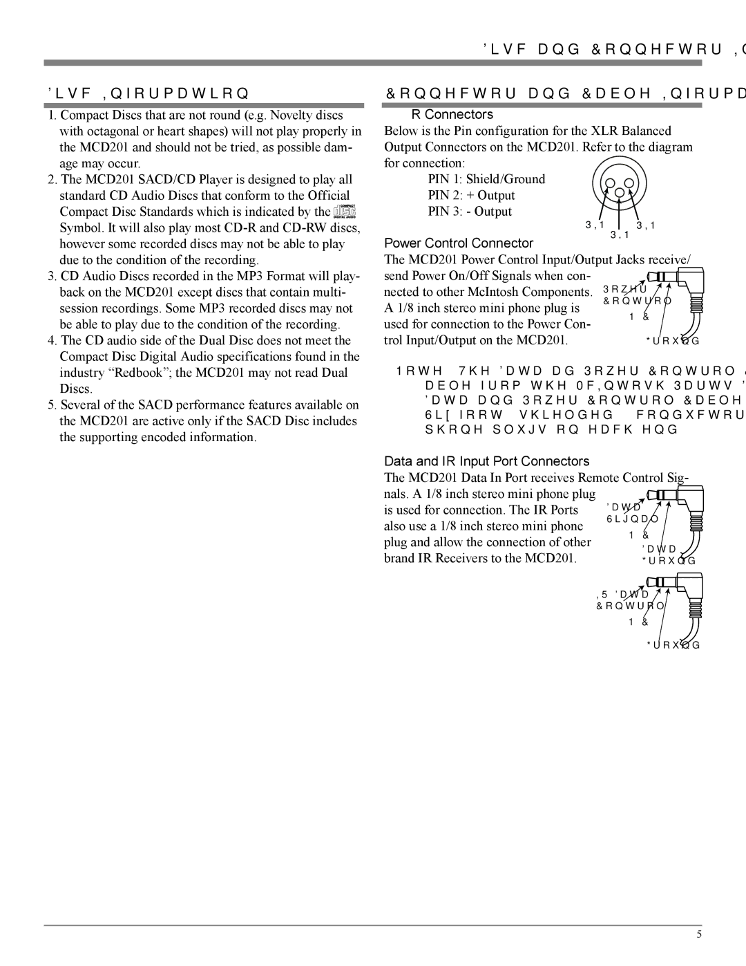 McIntosh MCD201 owner manual XLR Connectors, Power Control Connector, Data and IR Input Port Connectors 