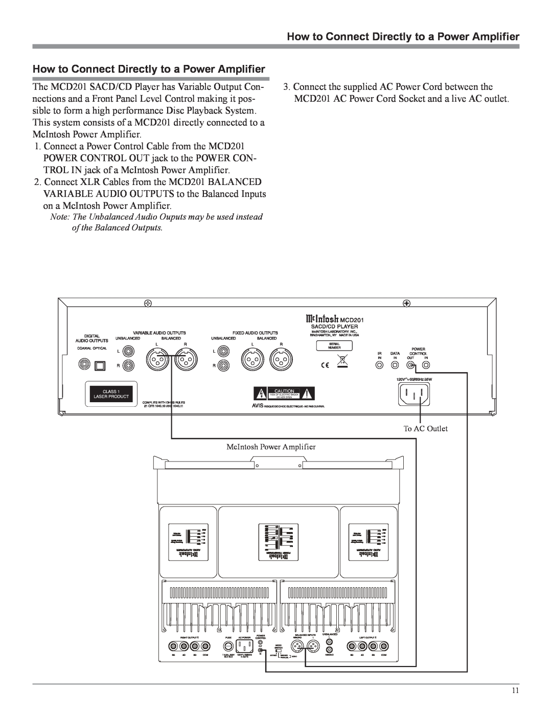 McIntosh MCD201 owner manual How to Connect Directly to a Power Amplifier, To AC Outlet McIntosh Power Amplifier 