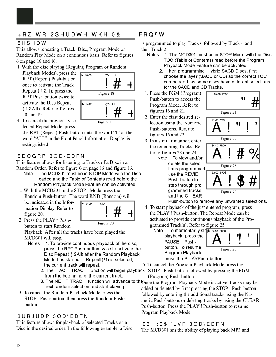 McIntosh owner manual How to Operate the MCD301, con’t, Repeat, Random Playback, Program Playback, MP3/WMA Disc Playback 