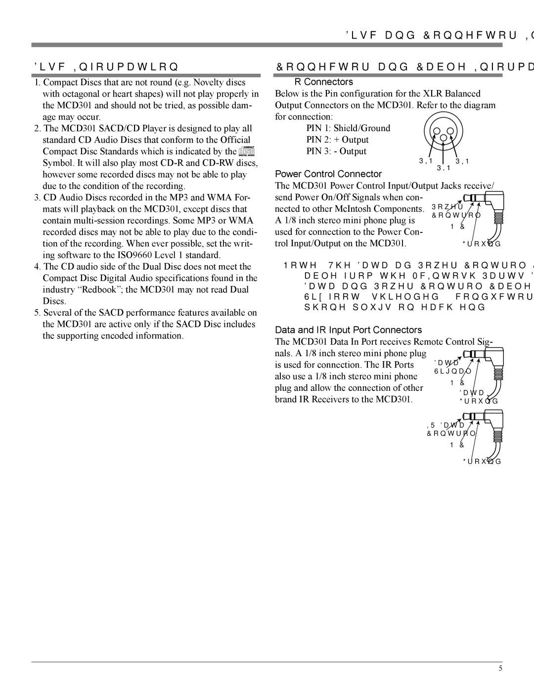 McIntosh MCD301 owner manual XLR Connectors, Power Control Connector, Data and IR Input Port Connectors 