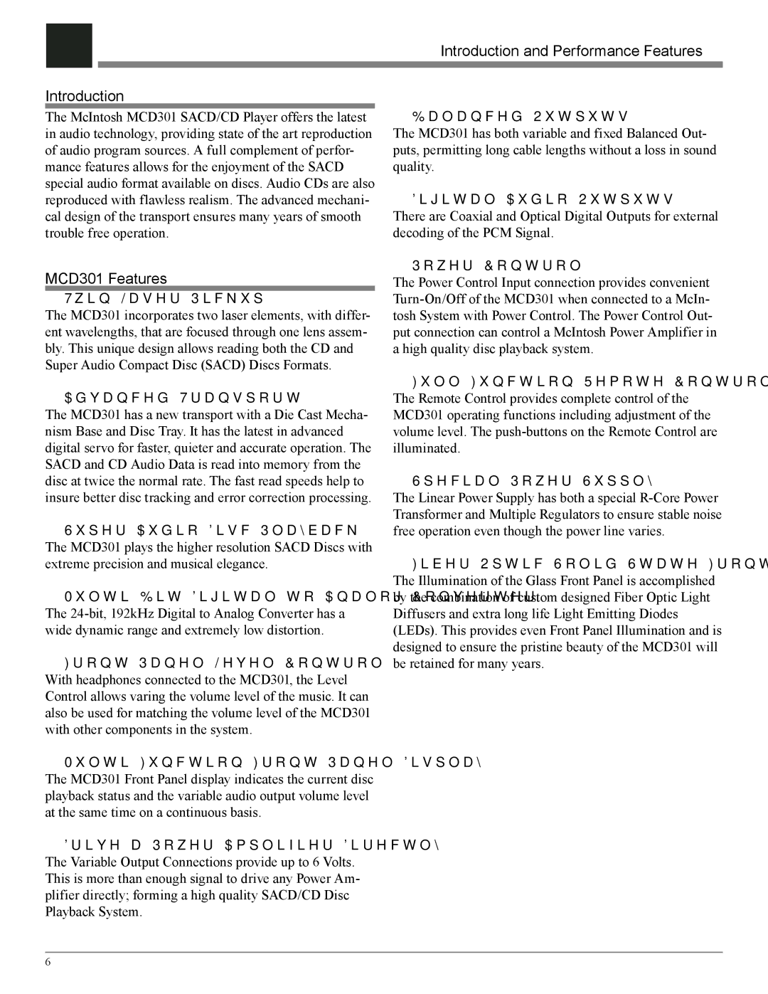 McIntosh owner manual Introduction and Performance Features, MCD301 Features 