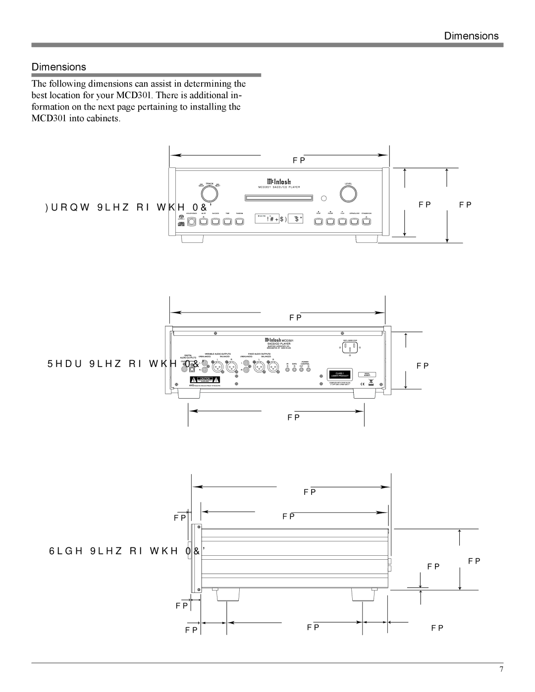 McIntosh owner manual Dimensions, Front View of the MCD301 Rear View of the MCD301, Side View of the MCD301 