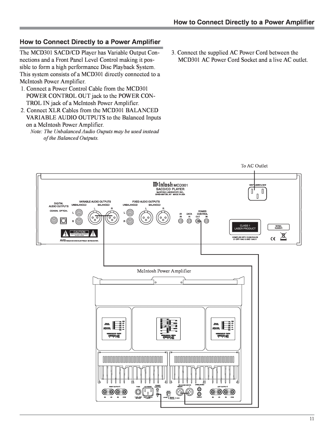 McIntosh MCD301 owner manual How to Connect Directly to a Power Amplifier, To AC Outlet McIntosh Power Amplifier 