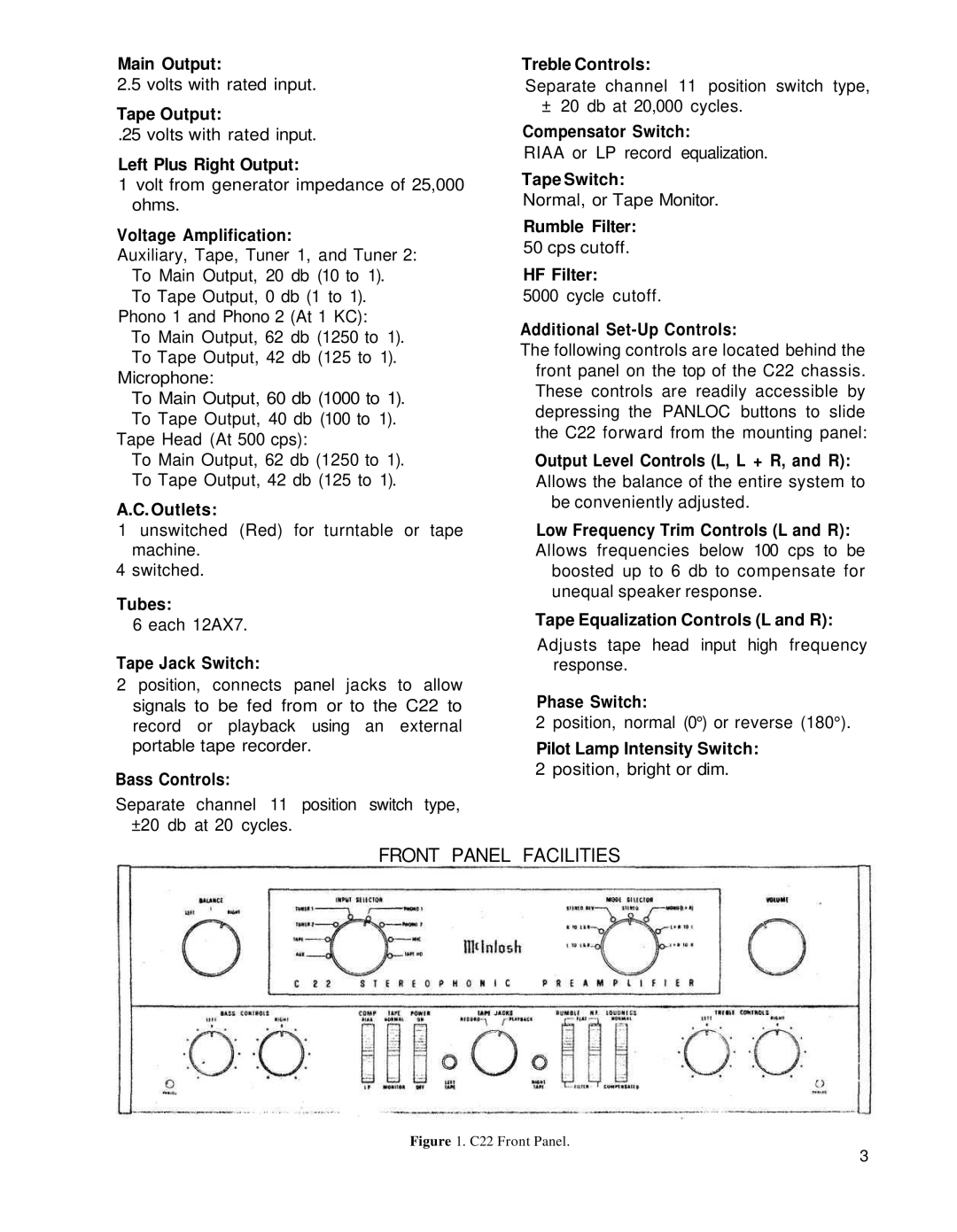 McIntosh c22, mcintosh stereo preamplifier owner manual Front Panel Facilities 