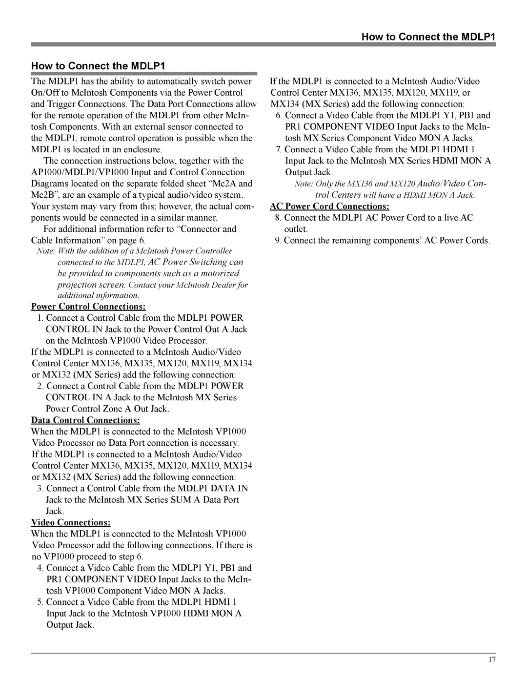 McIntosh owner manual How to Connect the MDLP1, Power Control Connections, Data Control Connections, Video Connections 