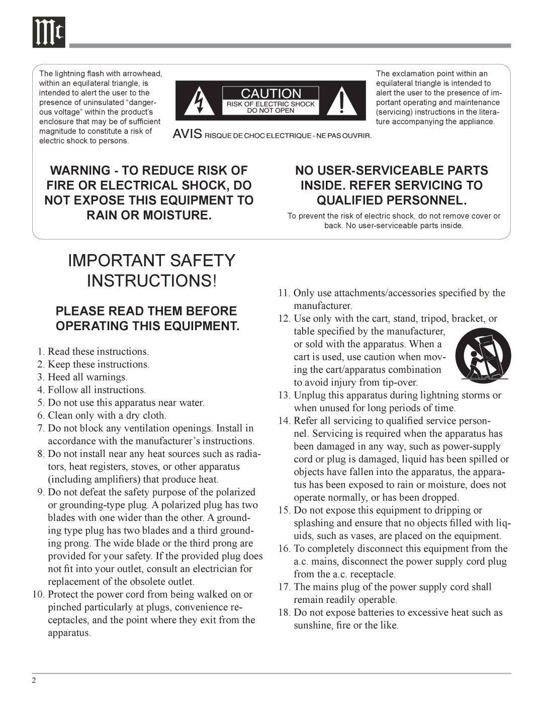 McIntosh MDLP1 owner manual Important Safety Instructions 