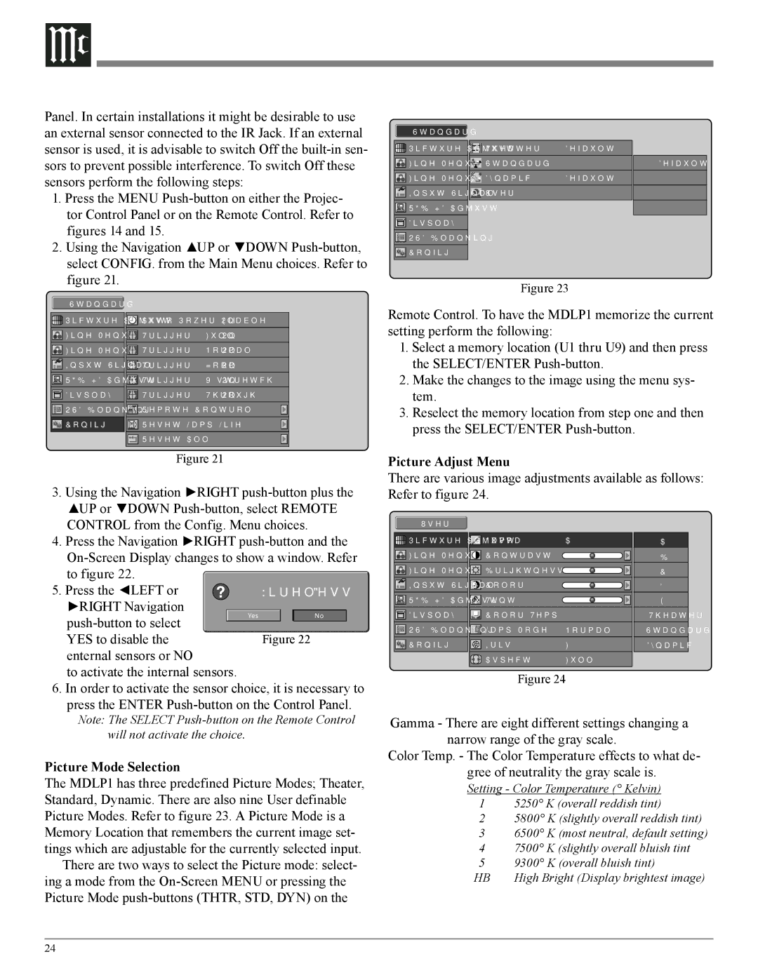 McIntosh MDLP1 owner manual Picture Mode Selection, Picture Adjust Menu 