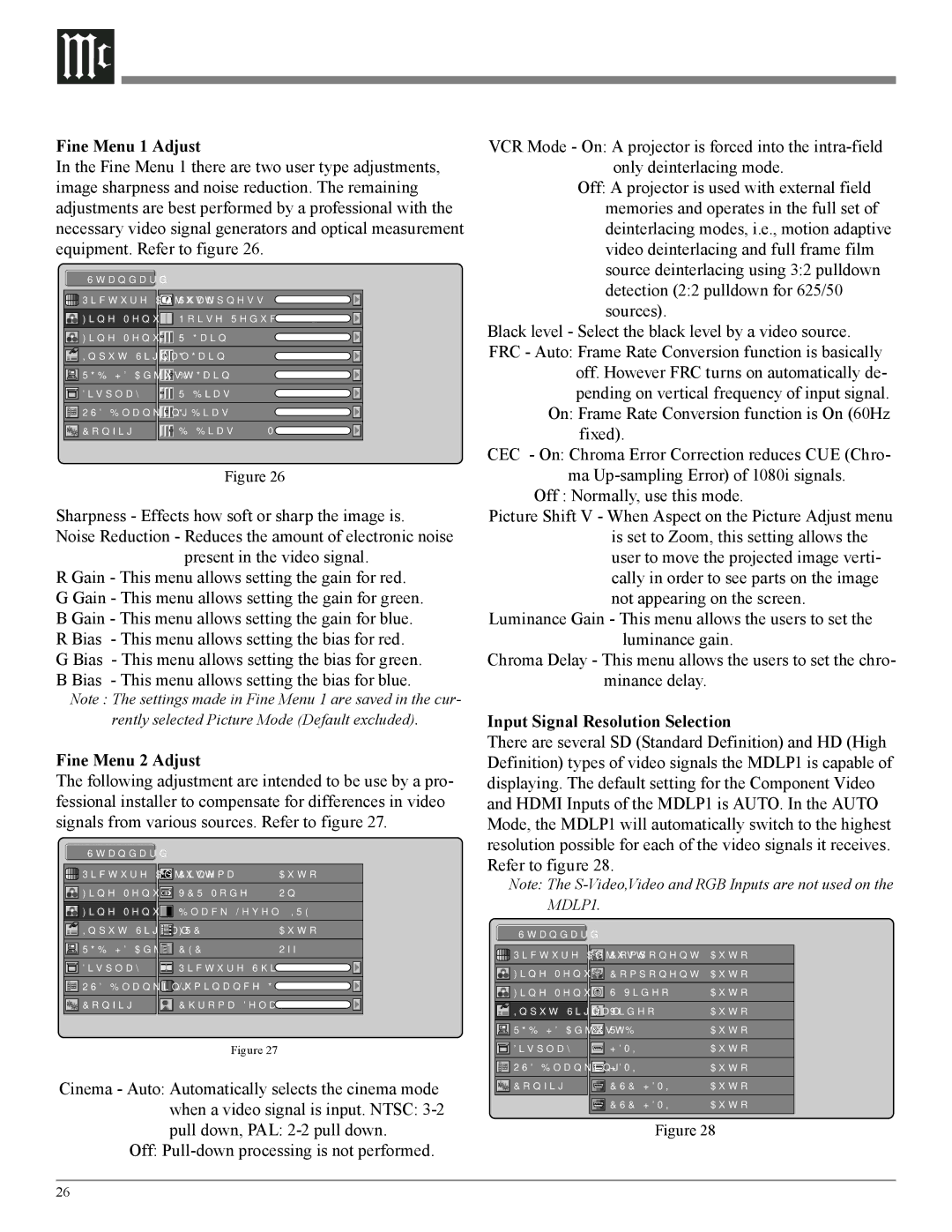 McIntosh MDLP1 owner manual Fine Menu 1 Adjust, Fine Menu 2 Adjust, Input Signal Resolution Selection 