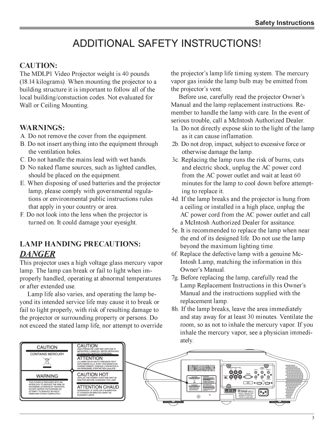 McIntosh MDLP1 owner manual Additional Safety Instructions 