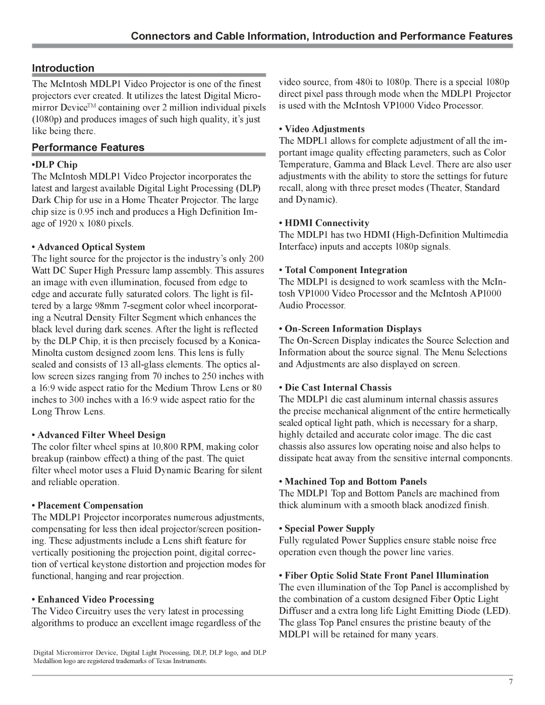 McIntosh MDLP1 owner manual Performance Features 