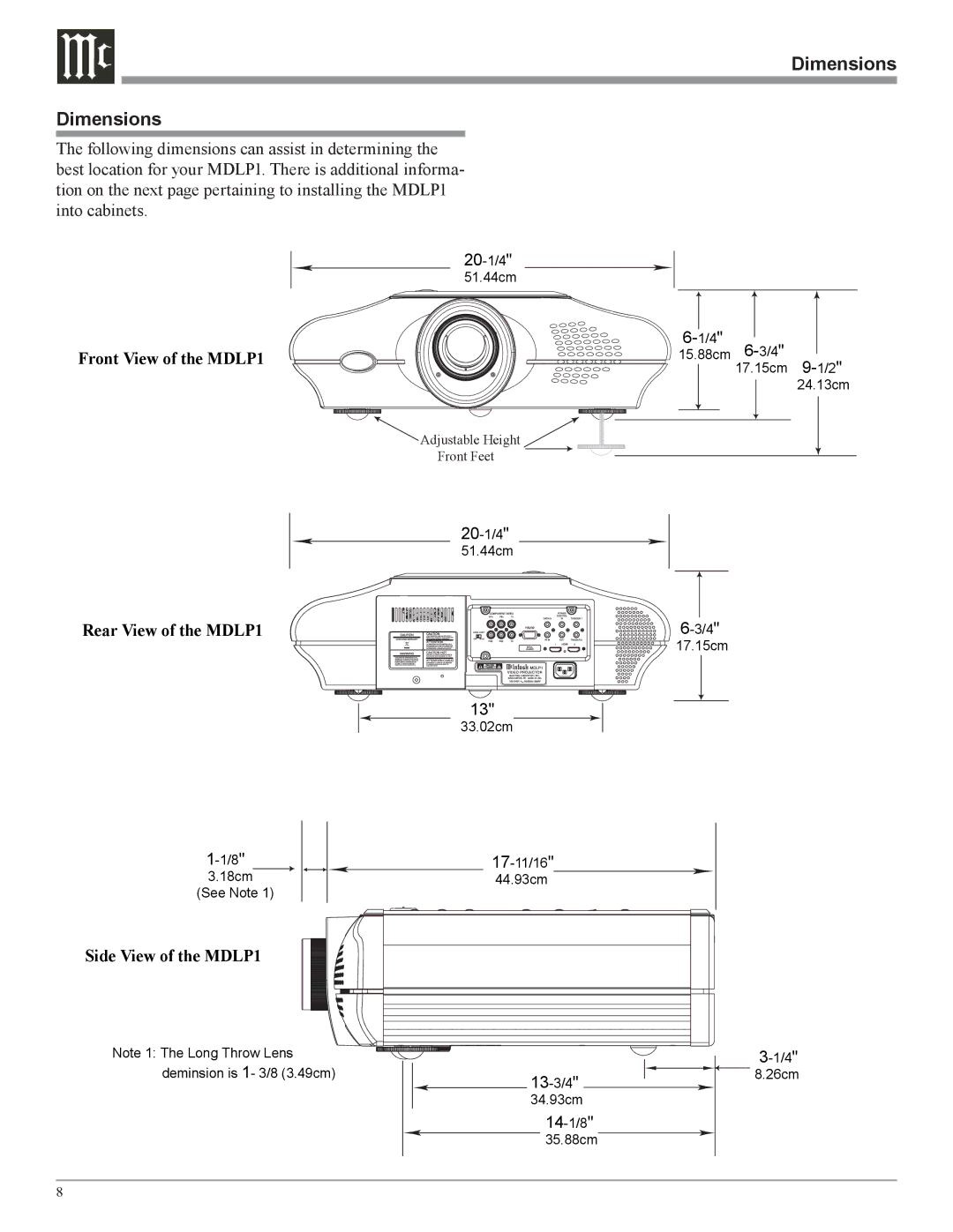 McIntosh MDLP1 owner manual Dimensions 