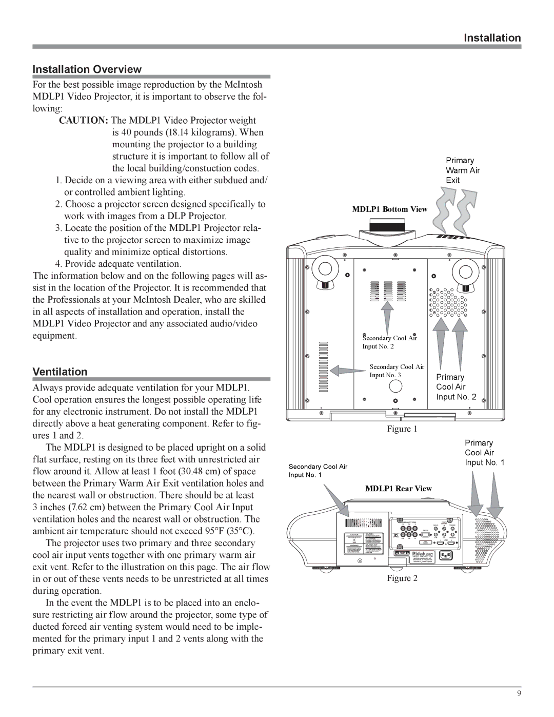 McIntosh MDLP1 owner manual Installation Installation Overview, Ventilation 