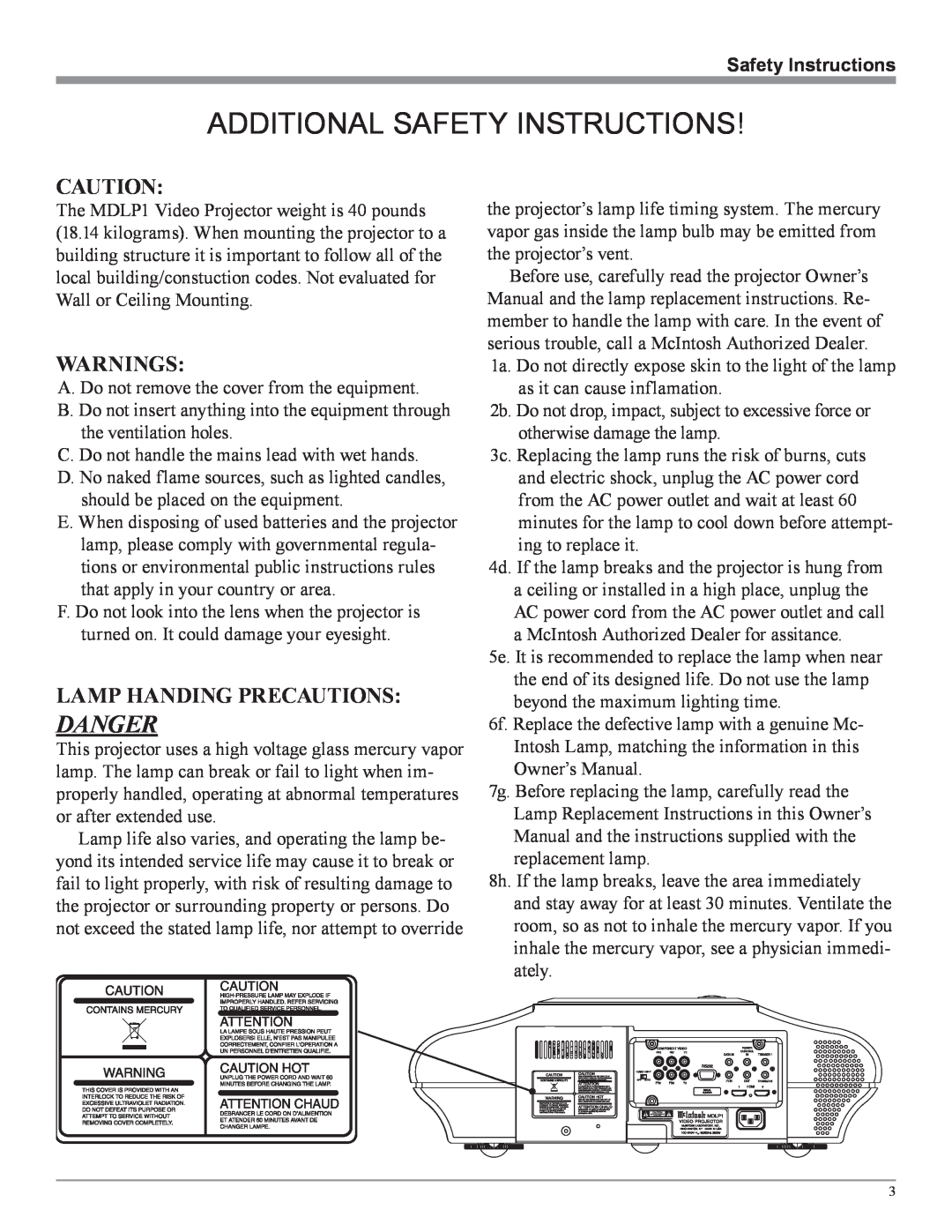 McIntosh MDLP1 owner manual Additional Safety Instructions, Danger, Warnings, Lamp Handing Precautions 