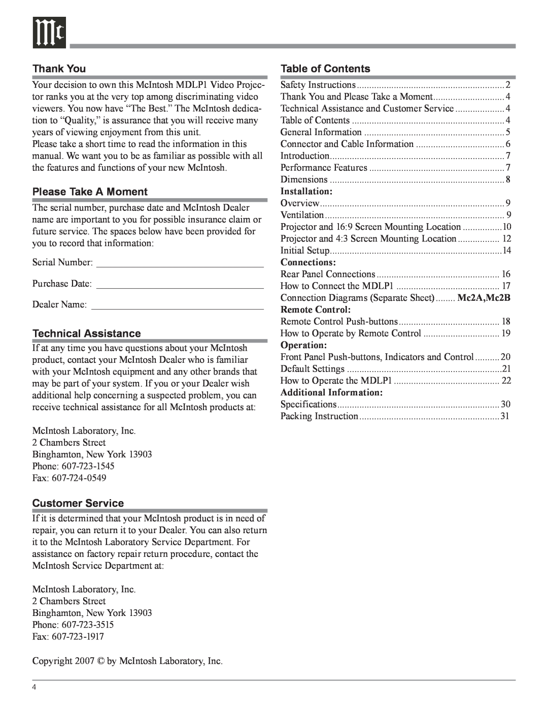 McIntosh MDLP1 owner manual Thank You, Please Take A Moment, Technical Assistance, Customer Service, Table of Contents 